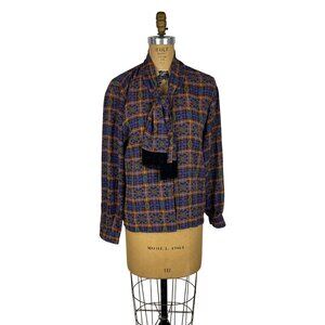 Vintage 80s Southwestern Top Womens M Blue Brown Fringe Necktie Blouse